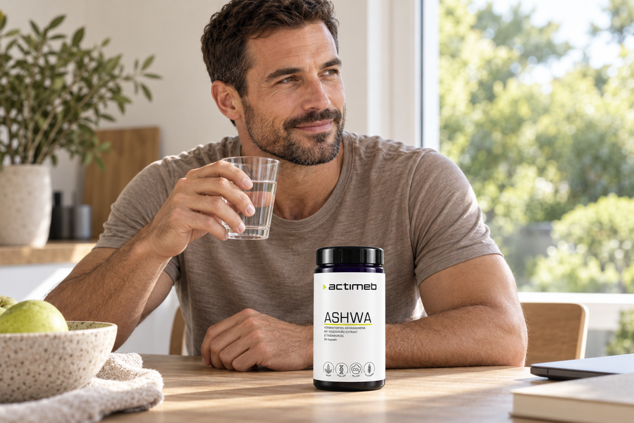 Mann mit Wasserglas und actimeb ASHWA am Tisch zu Hause