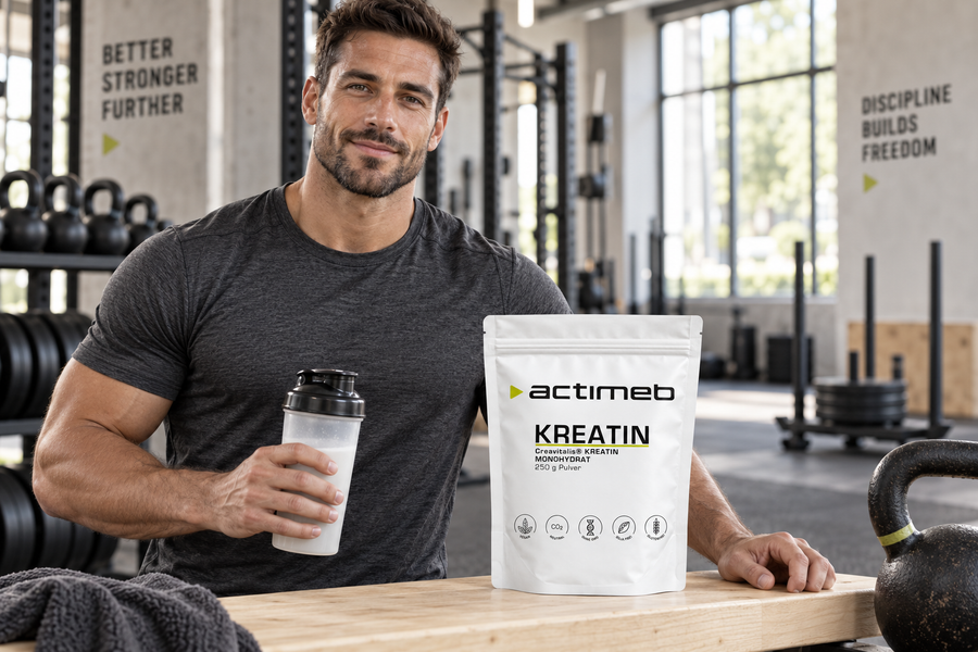 Sportlicher Mann mit Shaker und actimeb KREATIN im Fitnessstudio