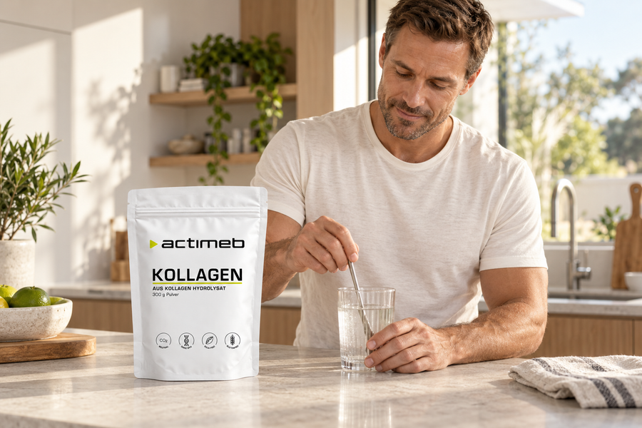 Mann rührt actimeb KOLLAGEN in ein Glas Wasser in einer hellen Küche ein